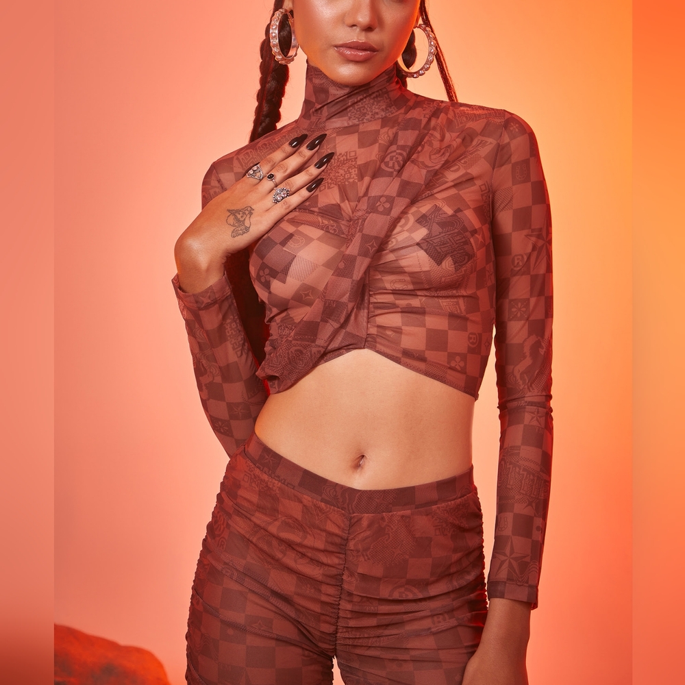 POSTER GIRL Brown Checker Fitted Top & Pants Set, Medium